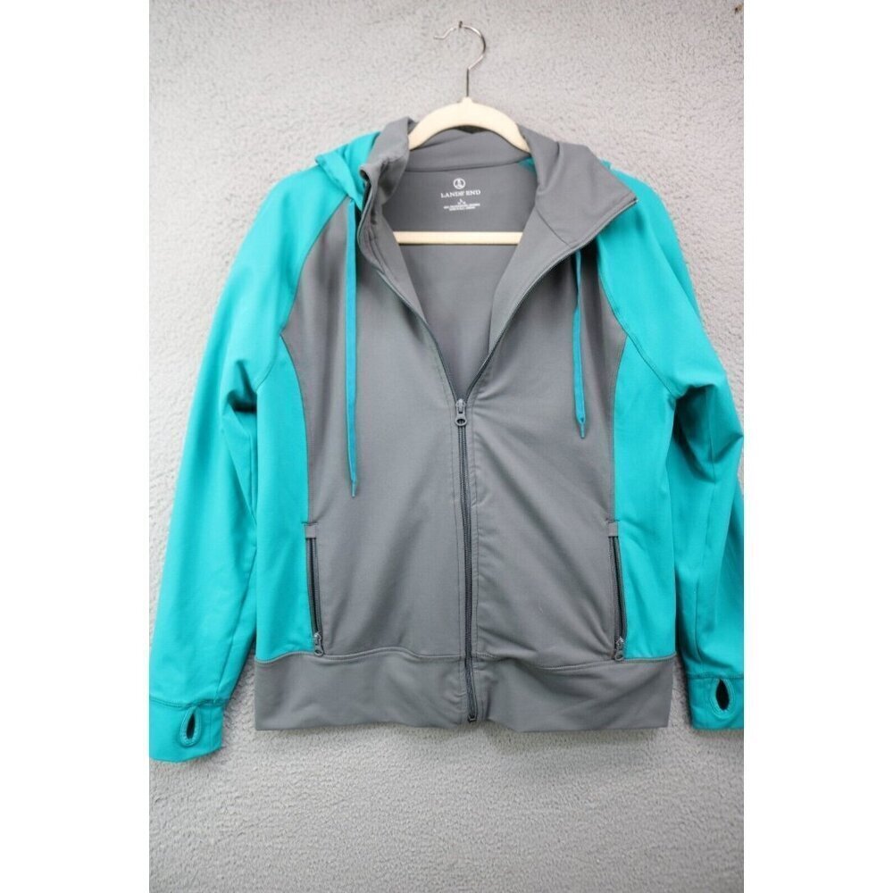 Land's End Women's Full Zip Hooded Jacket-Size Large-Zip Pockets-Thumb Holes